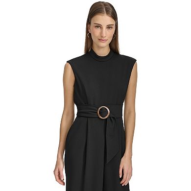 Women's Andrew Marc Cap Sleeve Fit And Flare Belted Jumpsuit