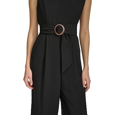 Women's Andrew Marc Cap Sleeve Fit And Flare Belted Jumpsuit