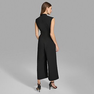 Women's Andrew Marc Cap Sleeve Fit And Flare Belted Jumpsuit