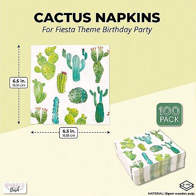 Succulent Cactus Paper Napkins For Fiesta Birthday Party (6.5 In, 100 Pack)