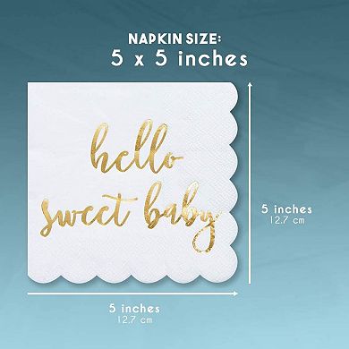 50 Pack Scalloped Baby Shower Napkins For Girls And Boys, Gold Foil Decor, 5x5"