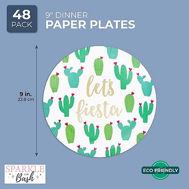 48pcs Let's Fiesta Cactus Disposable Paper Plates 9" For Cinco De Mayo Party