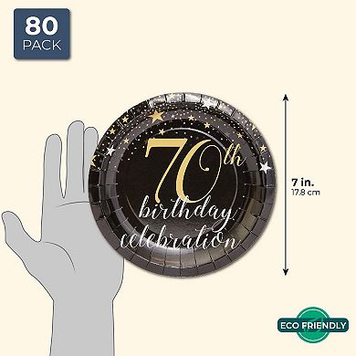 Sparkle And Bash 70th Birthday Paper Plates (80 Count), 7", Gold & Black