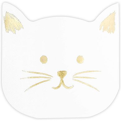 White Paper Napkins With Gold Foil For Cat Party Supplies (6.5 X 6.5 In, 50-pcs)