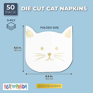 White Paper Napkins With Gold Foil For Cat Party Supplies (6.5 X 6.5 In, 50-pcs)
