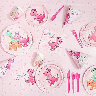 195 Pc Pink Baby Girl Dinosaur Birthday Party Supplies, Dinnerware, Decorations