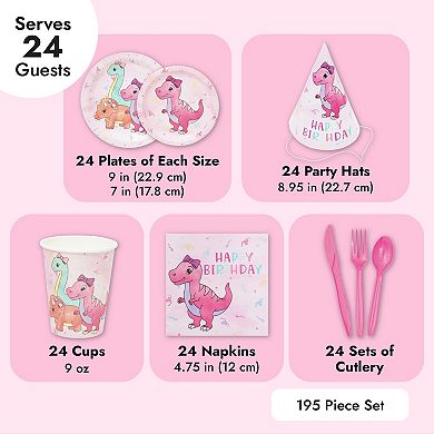 195 Pc Pink Baby Girl Dinosaur Birthday Party Supplies, Dinnerware, Decorations