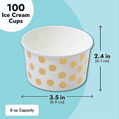 100 Pack Ice Cream Paper Cups, Disposable Sundae Dessert Yogurt Bowls, 8oz, Dots