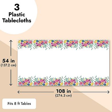 3 Pack Floral Plastic Tablecloth For Wedding, Birthday, Tea Party, 54 X 108 In