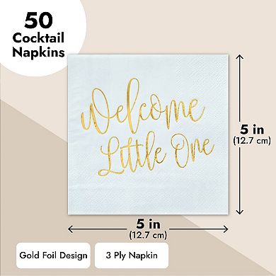 50 Pack Light Blue Baby Shower Cocktail Napkins, Gold Foil Script Design, 5x5"