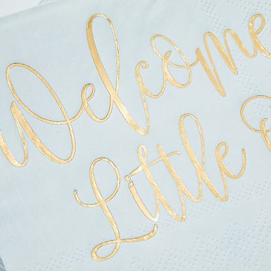 50 Pack Light Blue Baby Shower Cocktail Napkins, Gold Foil Script Design, 5x5"