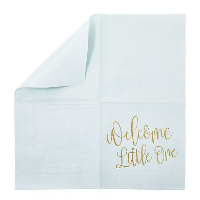 50 Pack Light Blue Baby Shower Cocktail Napkins, Gold Foil Script Design, 5x5"