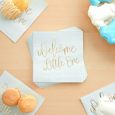 50 Pack Light Blue Baby Shower Cocktail Napkins, Gold Foil Script Design, 5x5"