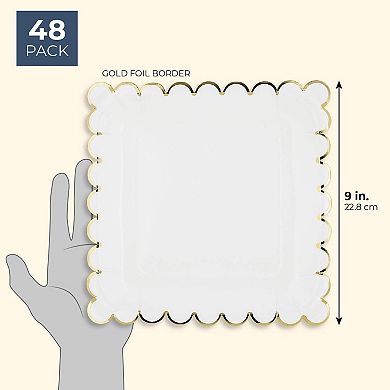 48 Pack Square White And Gold Paper Plates With Foil Scalloped Edges, 9 In