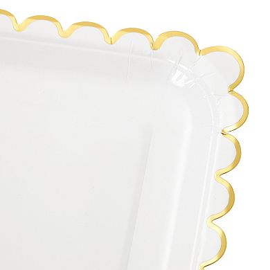 48 Pack Square White And Gold Paper Plates With Foil Scalloped Edges, 9 In