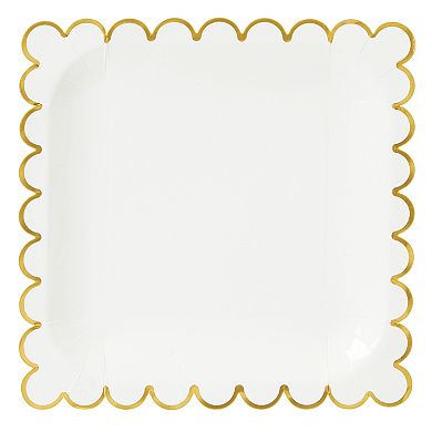 48 Pack Square White And Gold Paper Plates With Foil Scalloped Edges, 9 In