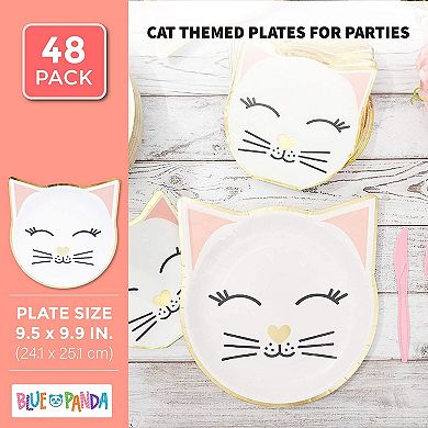 48pcs Cat With Gold Foil Disposable Paper Plates 9.5" X 9.9" For Birthday Party