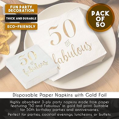 50 Pack White 50th Birthday Napkins, Gold Foil 50 And Fabulous Party, 5x5 In