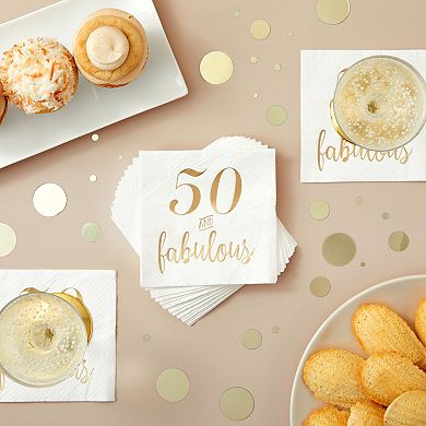 50 Pack White 50th Birthday Napkins, Gold Foil 50 And Fabulous Party, 5x5 In