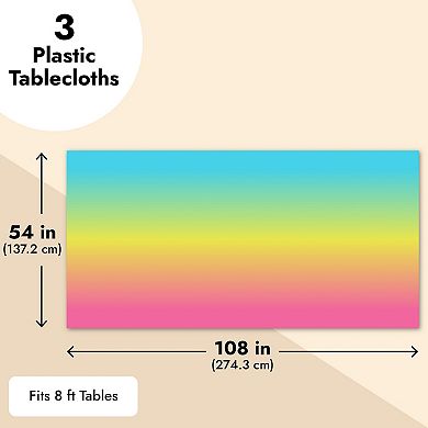 Ombre Plastic Tablecloths For Parties, Rainbow Table Cover (54 X 108 In, 3 Pack)