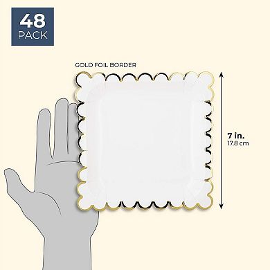 48 Pack Square White And Gold Paper Plates With Foil Scalloped Edges, 7 In