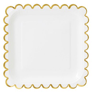 48 Pack Square White And Gold Paper Plates With Foil Scalloped Edges, 7 In