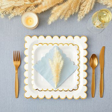 48 Pack Square White And Gold Paper Plates With Foil Scalloped Edges, 7 In