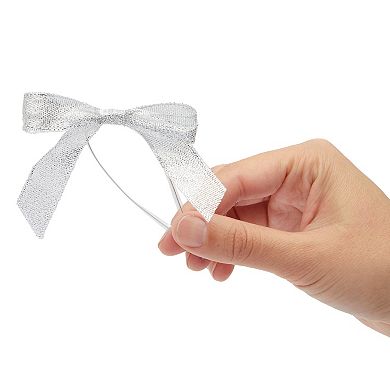 100 Pack Silver Satin Bow Twist Ties With Clear Twist Ties For Treat Bags, 3"