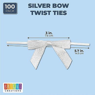 100 Pack Silver Satin Bow Twist Ties With Clear Twist Ties For Treat Bags, 3"