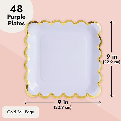 48 Pack Purple Paper Plates For Party, Scalloped Gold Border, 9 In
