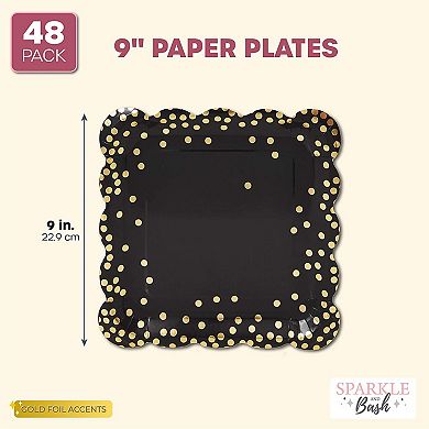 Square Confetti Paper Plates, Scalloped Edge (black, 9 In, 48 Pack)