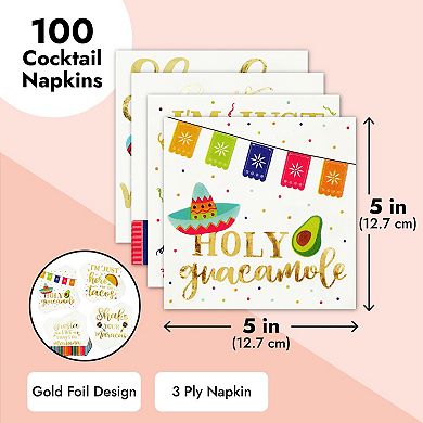 100 Pack Gold Foil Cocktail Napkins For Fiesta Party Decorations, 5 X 5 Inches