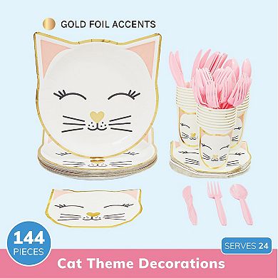 144 Piece Cat Themed Birthday Party Supplies, Disposable Dinnerware Set Serve 24