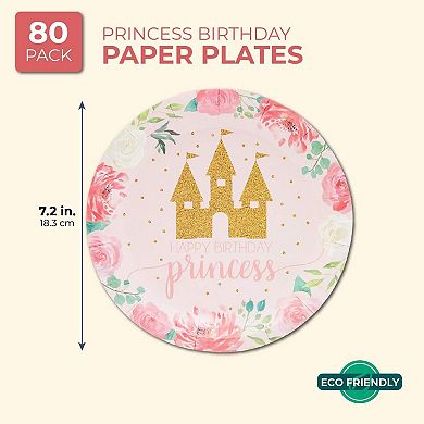 80pcs Pink Princess Castle Design Disposable Paper Plates 7" For Birthday Party