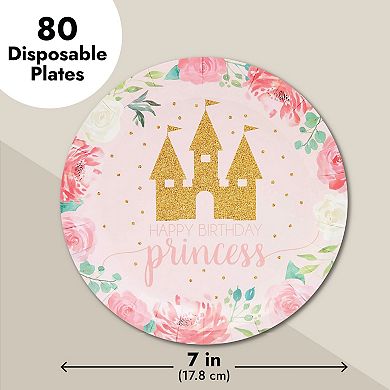 80pcs Pink Princess Castle Design Disposable Paper Plates 7" For Birthday Party