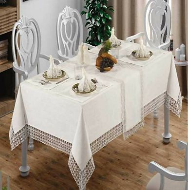26 Piece Tablecloth Set In "champagne Kisses" Linen-like Material With Faux Pearls And Lace Edging