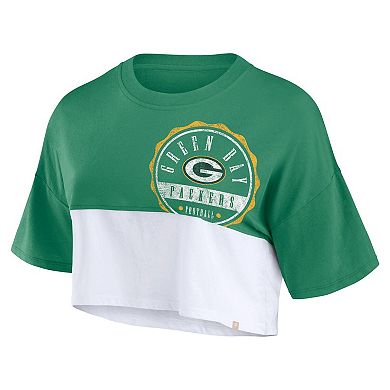 Women's Fanatics Branded Green/White Green Bay Packers Boxy Color Split Cropped T-Shirt