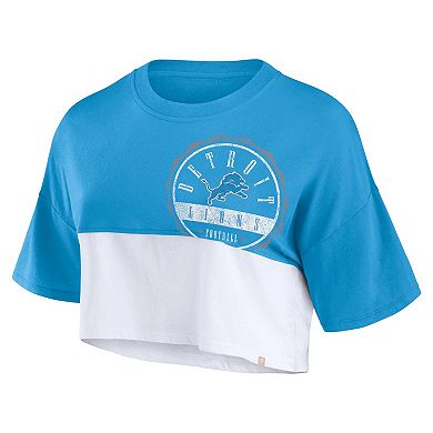 Women's Fanatics Branded Blue/White Detroit Lions Boxy Color Split Cropped T-Shirt