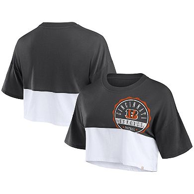 Women's Fanatics Branded Black/White Cincinnati Bengals Boxy Color Split Cropped T-Shirt