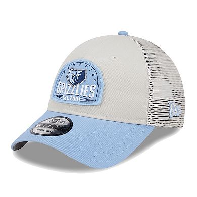 Men's New Era Khaki/Light Blue Memphis Grizzlies Throwback Patch Trucker 9FORTY Adjustable Hat