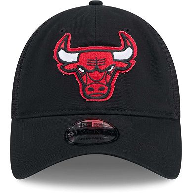 Men's New Era Black Chicago Bulls Rough Edge Logo Trucker 9TWENTY Adjustable Hat