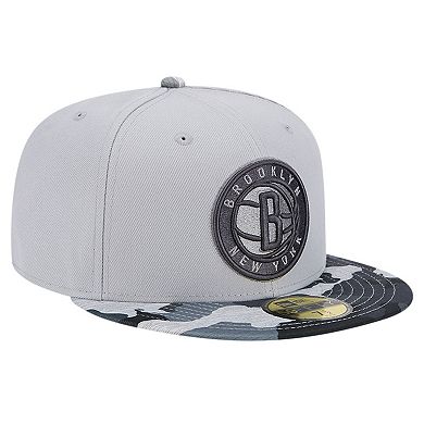 Men's New Era Gray Brooklyn Nets Active Color Camo Visor 59FIFTY Fitted Hat