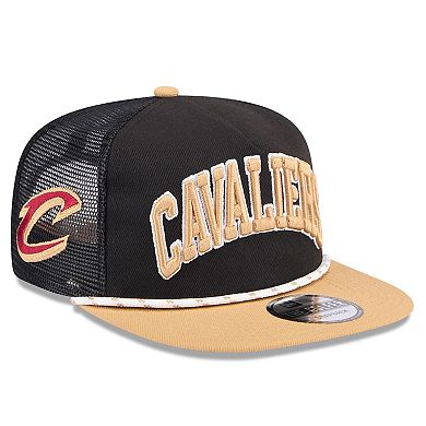 Men's New Era Black/Tan Cleveland Cavaliers Throwback Team Arch Golfer Snapback Hat