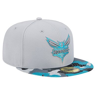 Men's New Era Gray Charlotte Hornets Active Color Camo Visor 59FIFTY Fitted Hat