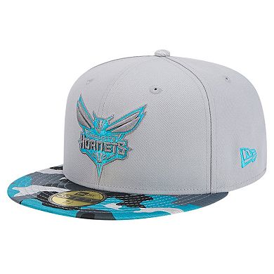 Men's New Era Gray Charlotte Hornets Active Color Camo Visor 59FIFTY Fitted Hat