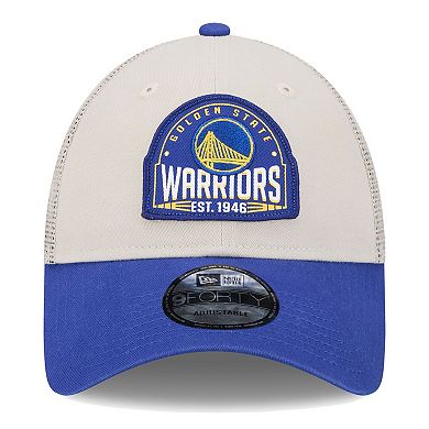 Men's New Era Khaki/Royal Golden State Warriors Throwback Patch Trucker 9FORTY Adjustable Hat