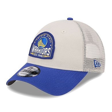 Men's New Era Khaki/Royal Golden State Warriors Throwback Patch Trucker 9FORTY Adjustable Hat