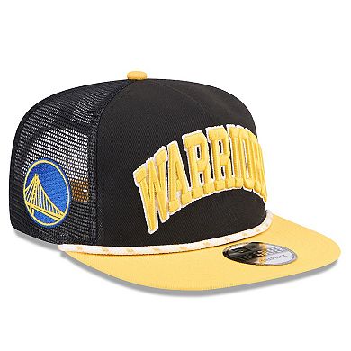 Men's New Era Black/Gold Golden State Warriors Throwback Team Arch Golfer Snapback Hat