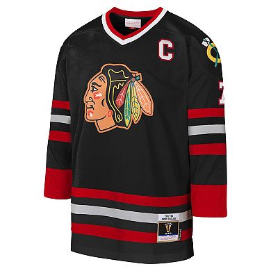 Youth Mitchell & Ness Chris Chelios Black Chicago Blackhawks 1997-98 Blue Line Captain Patch Player Jersey