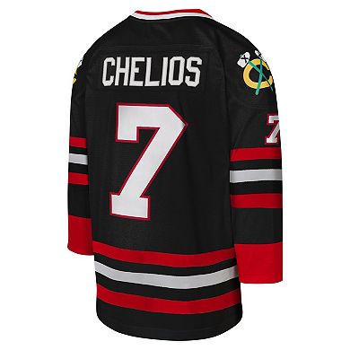 Youth Mitchell & Ness Chris Chelios Black Chicago Blackhawks 1997-98 Blue Line Captain Patch Player Jersey